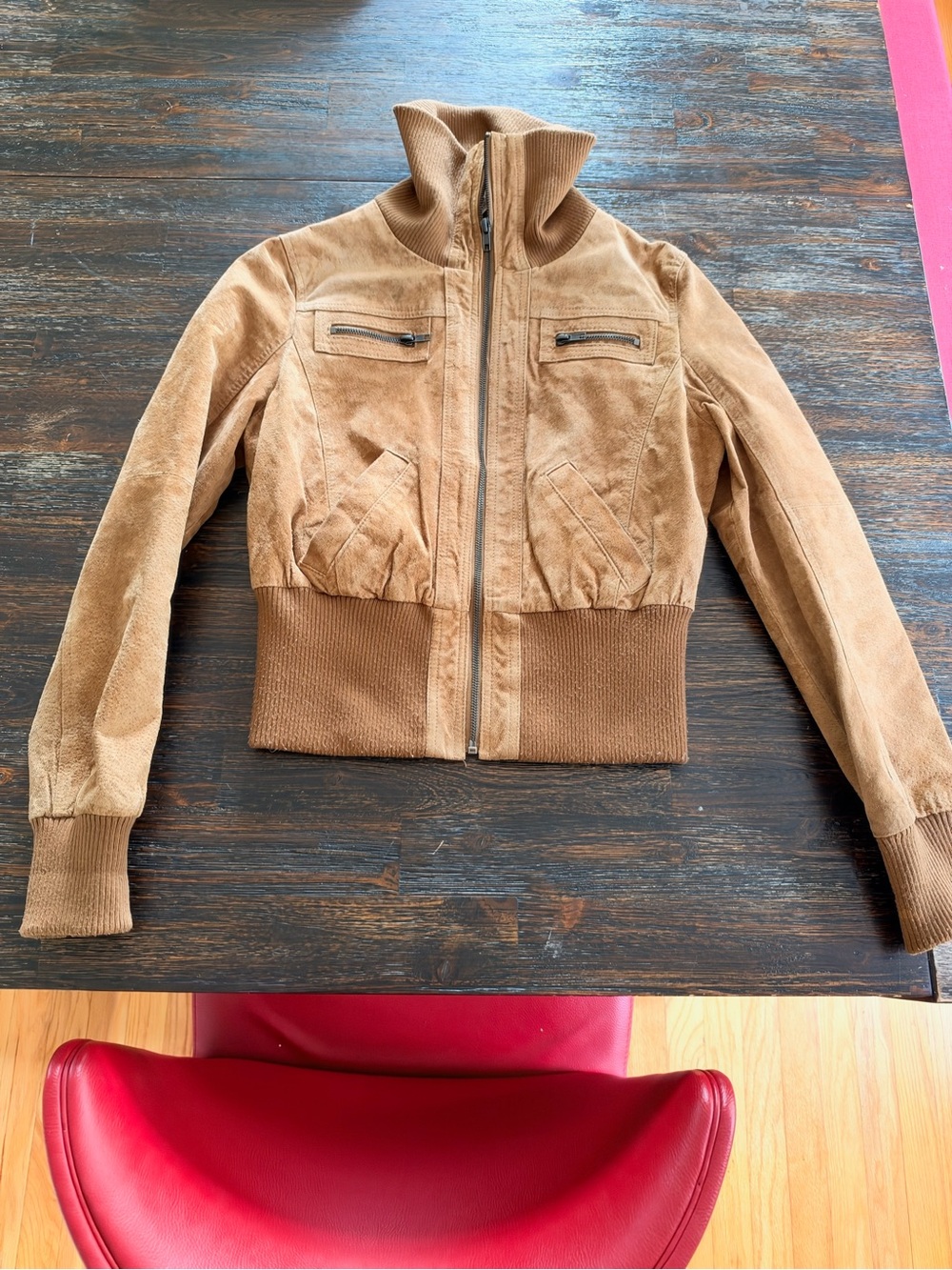 Womens Tan Suede Zip-Front Bomber Jacket